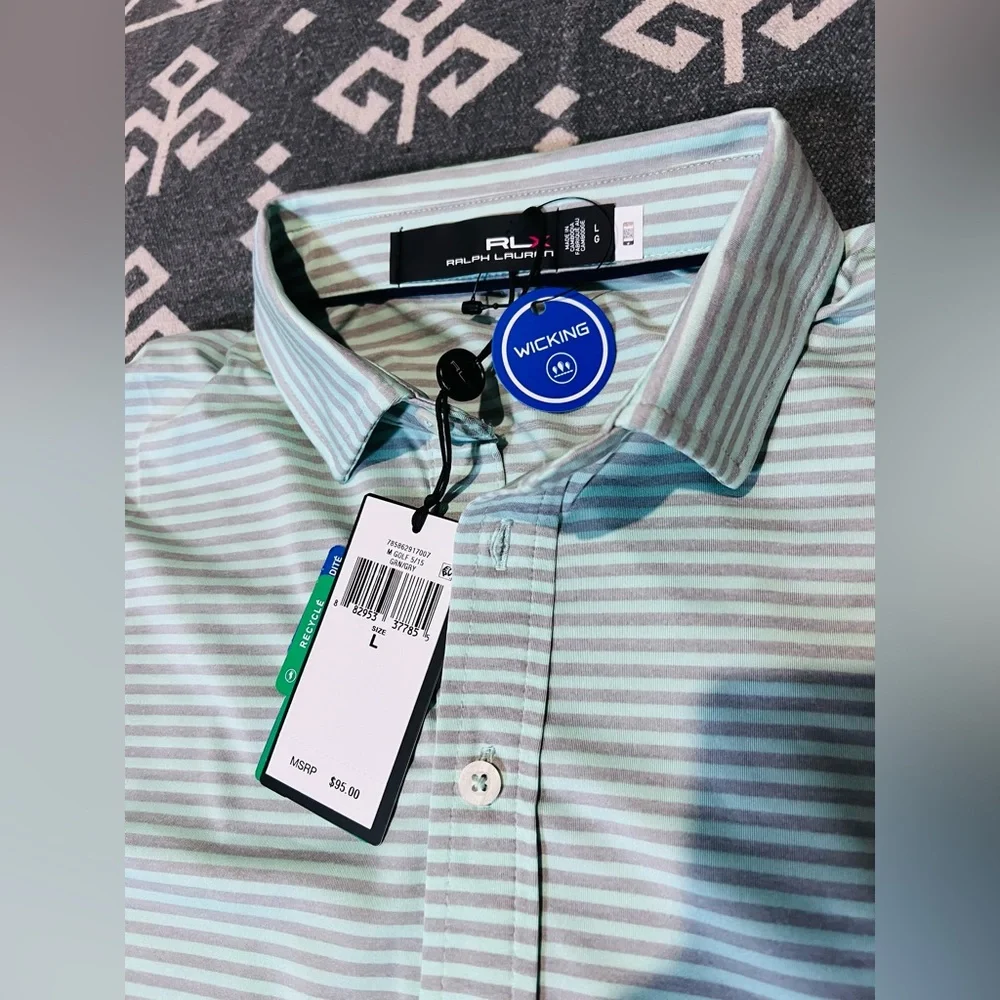 Ralph Lauren Men's Golf Polo Shirt - Light green and gray Stripes men’s L